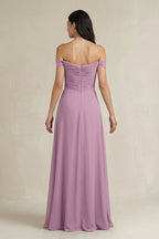 A-Line Pleated Off-the-Shoulder Chiffon Bridesmaid Dress in Wisteria