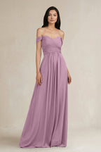 A-Line Pleated Off-the-Shoulder Chiffon Bridesmaid Dress in Wisteria