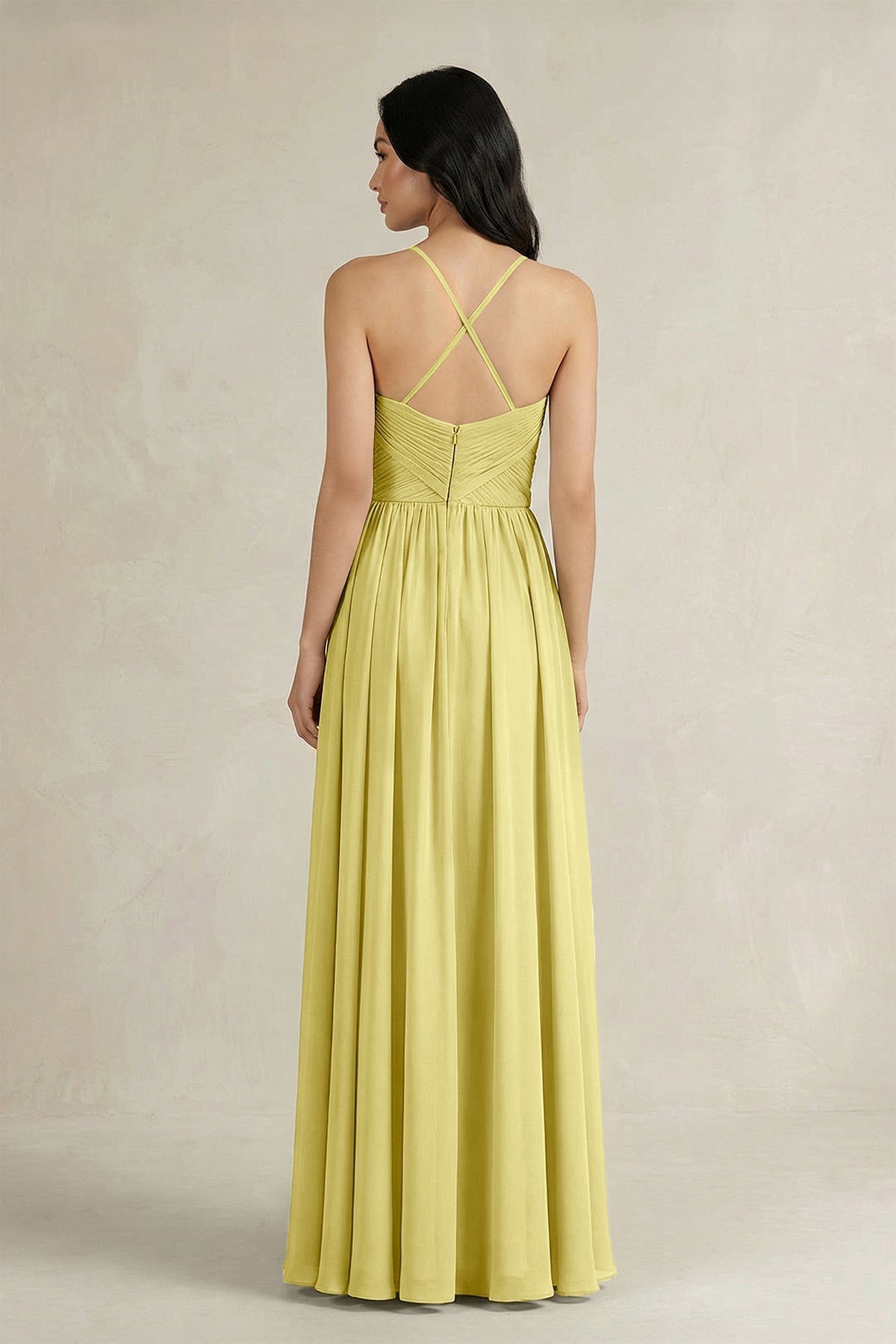 A-Line Pleated Spaghetti Strap Chiffon Bridesmaid Dress in Buttercup