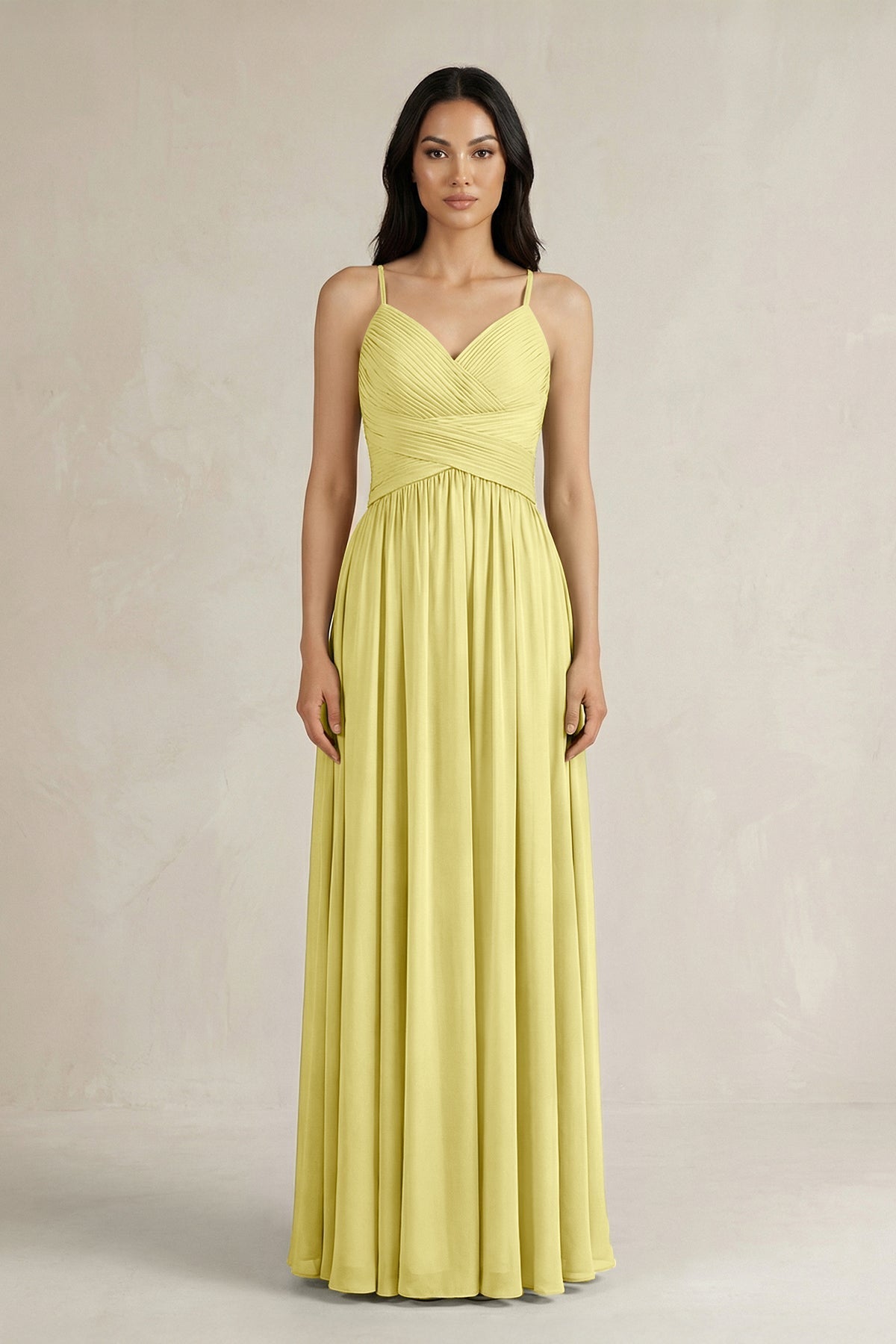 A-Line Pleated Spaghetti Strap Chiffon Bridesmaid Dress in Buttercup