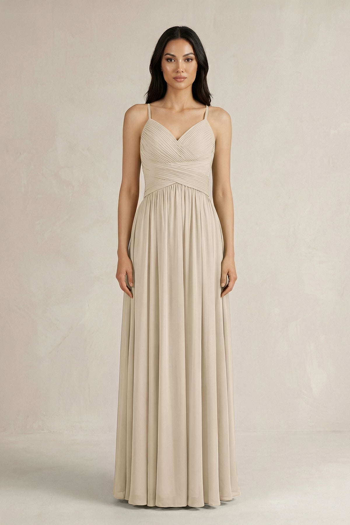A-Line Pleated Spaghetti Strap Chiffon Bridesmaid Dress in Champagne