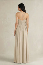 A-Line Pleated Spaghetti Strap Chiffon Bridesmaid Dress in Champagne