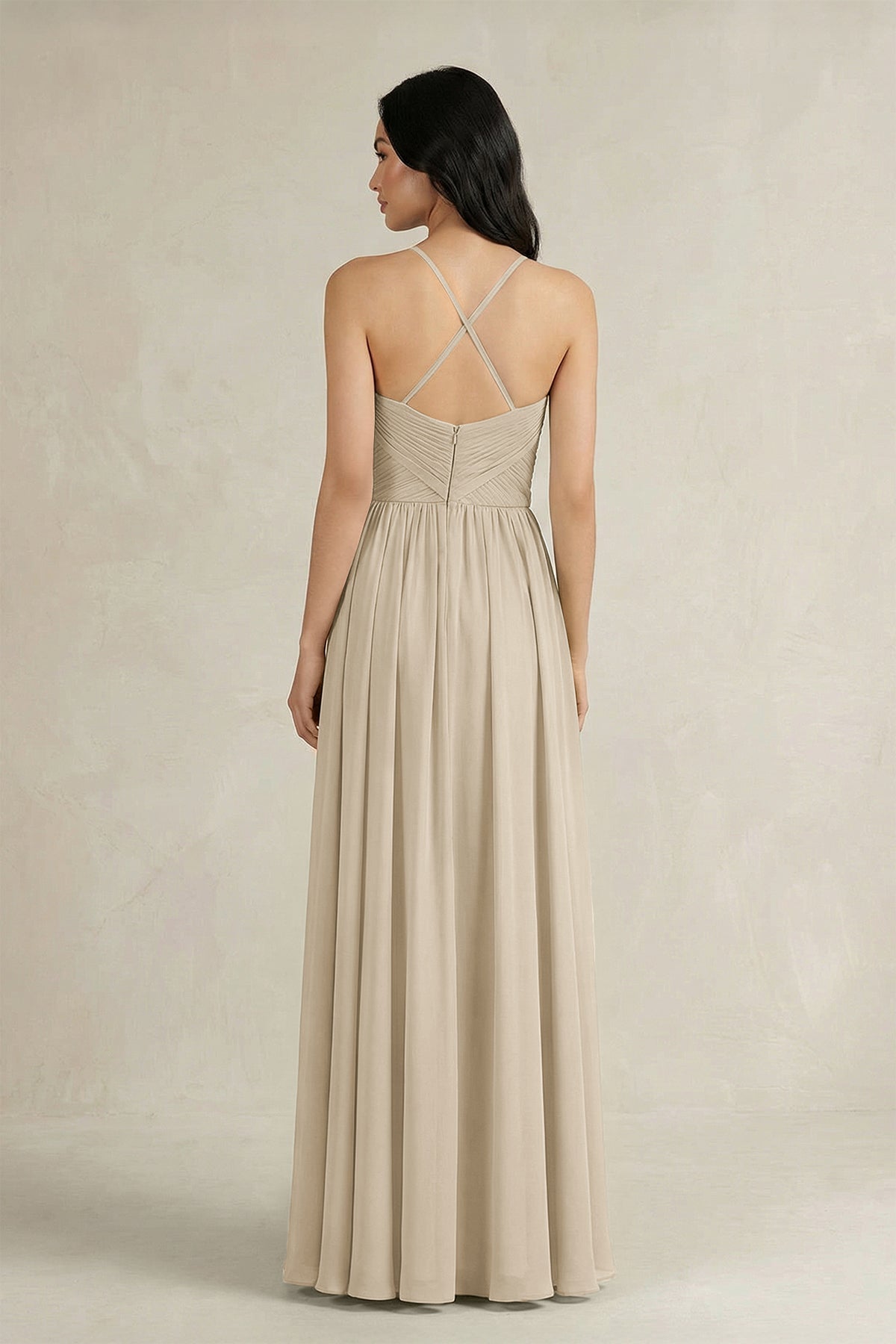 A-Line Pleated Spaghetti Strap Chiffon Bridesmaid Dress in Champagne