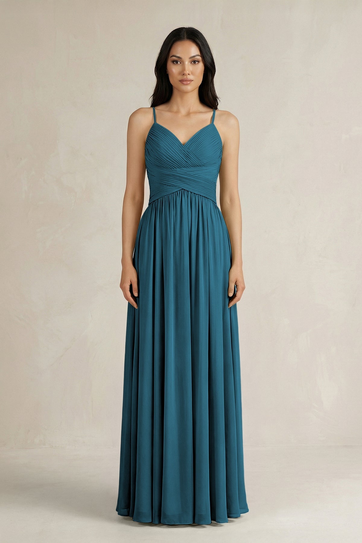 A-Line Pleated Spaghetti Strap Chiffon Bridesmaid Dress in Dark Teal