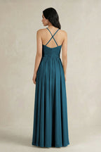 A-Line Pleated Spaghetti Strap Chiffon Bridesmaid Dress in Dark Teal