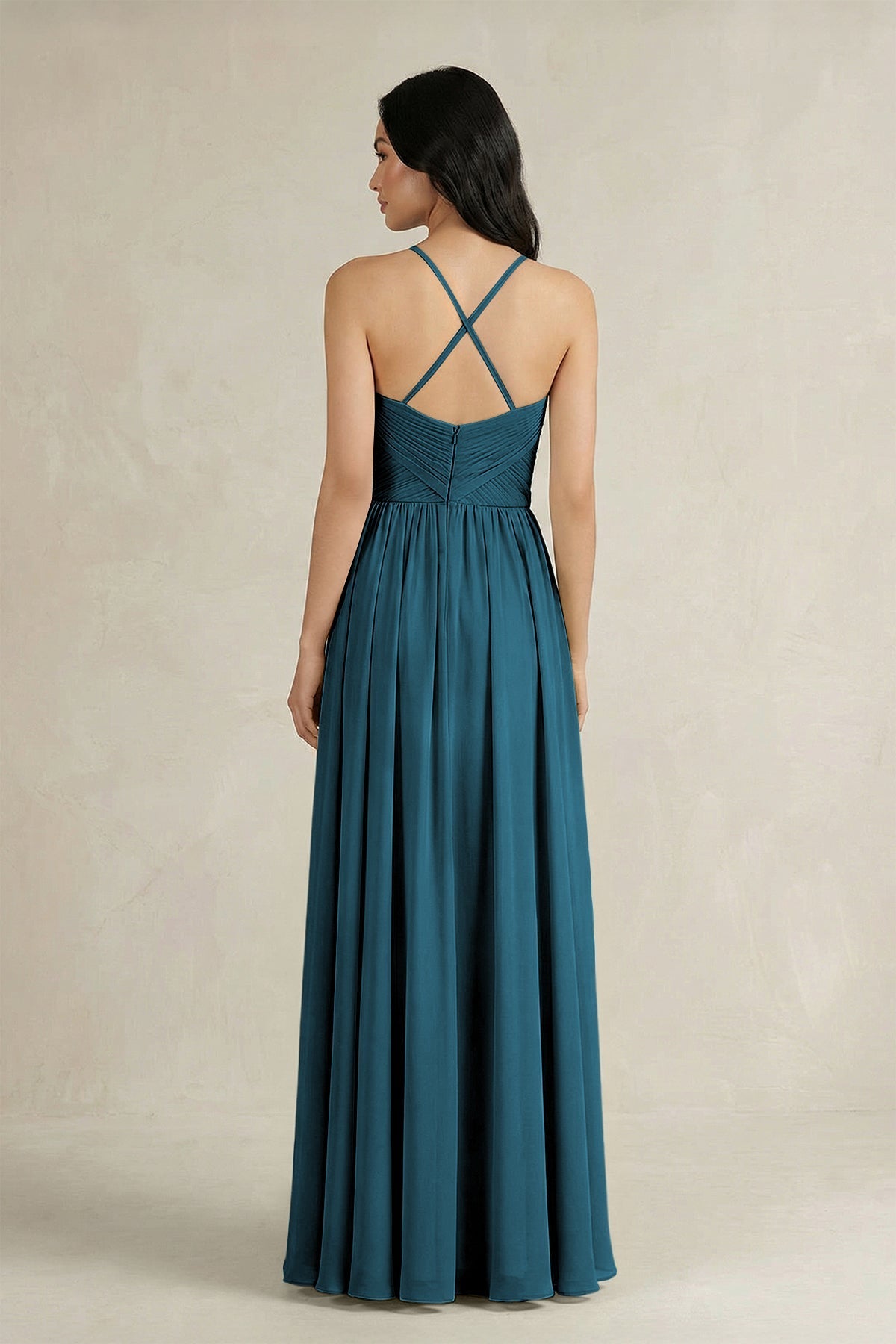 A-Line Pleated Spaghetti Strap Chiffon Bridesmaid Dress in Dark Teal