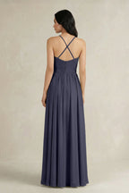A-Line Pleated Spaghetti Strap Chiffon Bridesmaid Dress in Dusk Blue