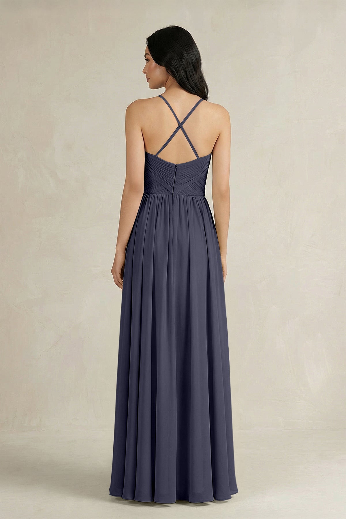 A-Line Pleated Spaghetti Strap Chiffon Bridesmaid Dress in Dusk Blue
