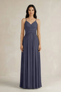 A-Line Pleated Spaghetti Strap Chiffon Bridesmaid Dress in Dusk Blue