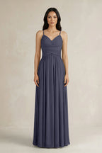A-Line Pleated Spaghetti Strap Chiffon Bridesmaid Dress in Dusk Blue