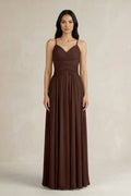 A-Line Pleated Spaghetti Strap Chiffon Bridesmaid Dress in Espresso