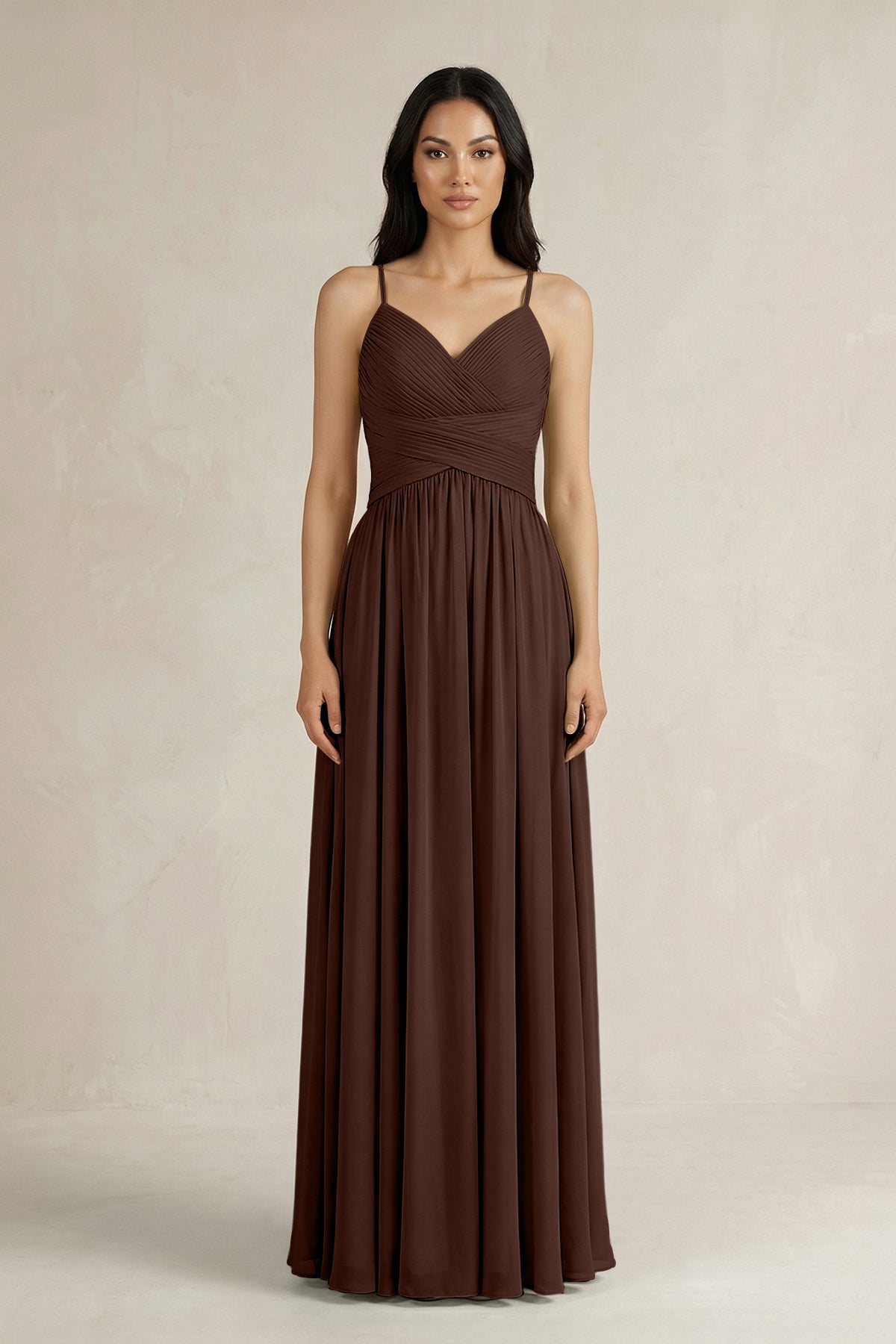 A-Line Pleated Spaghetti Strap Chiffon Bridesmaid Dress in Espresso