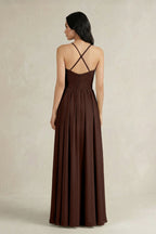 A-Line Pleated Spaghetti Strap Chiffon Bridesmaid Dress in Espresso