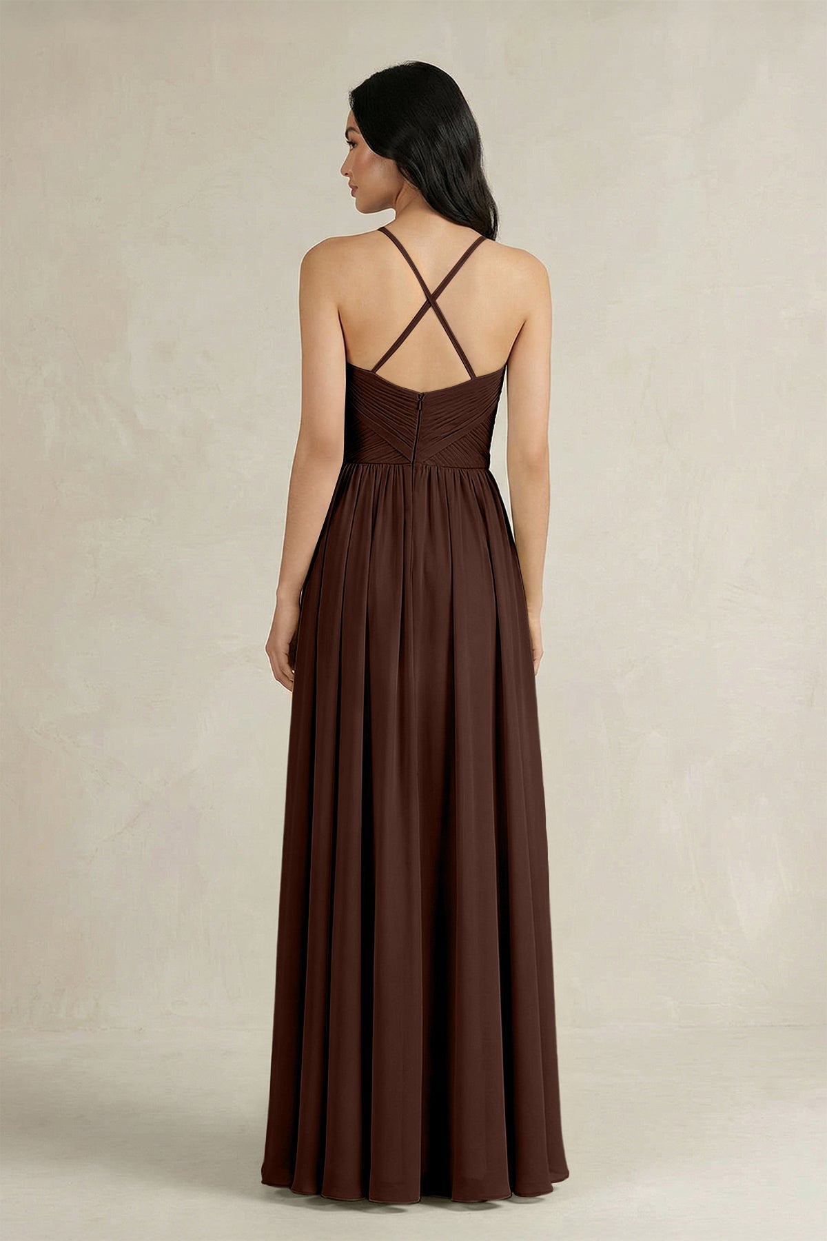 A-Line Pleated Spaghetti Strap Chiffon Bridesmaid Dress in Espresso