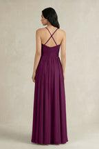 A-Line Pleated Spaghetti Strap Chiffon Bridesmaid Dress in Fig