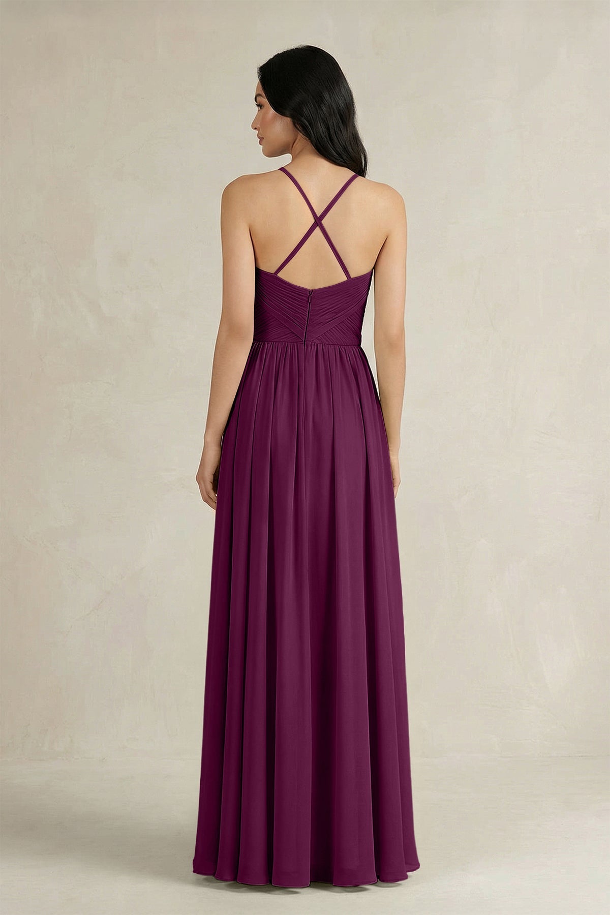 A-Line Pleated Spaghetti Strap Chiffon Bridesmaid Dress in Fig