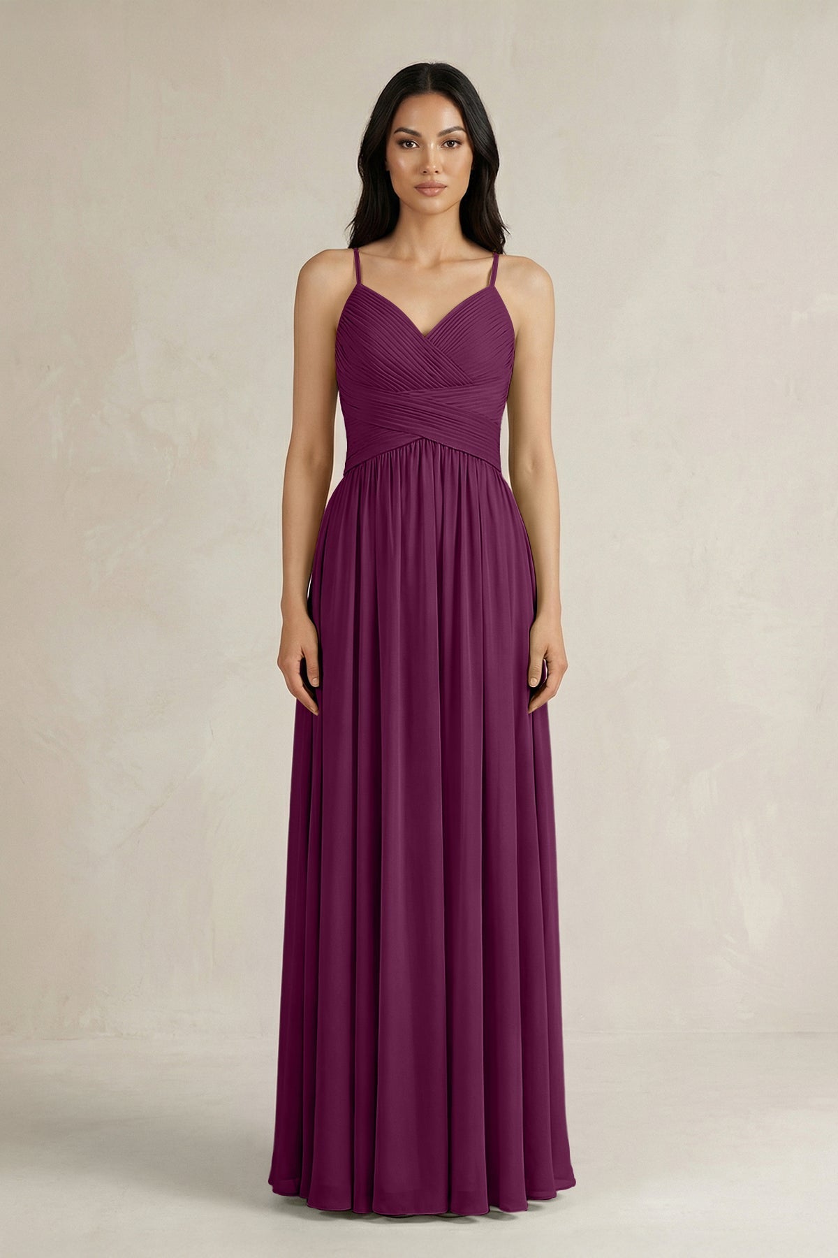 A-Line Pleated Spaghetti Strap Chiffon Bridesmaid Dress in Fig