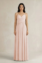 A-Line Pleated Spaghetti Strap Chiffon Bridesmaid Dress in Pale Blush