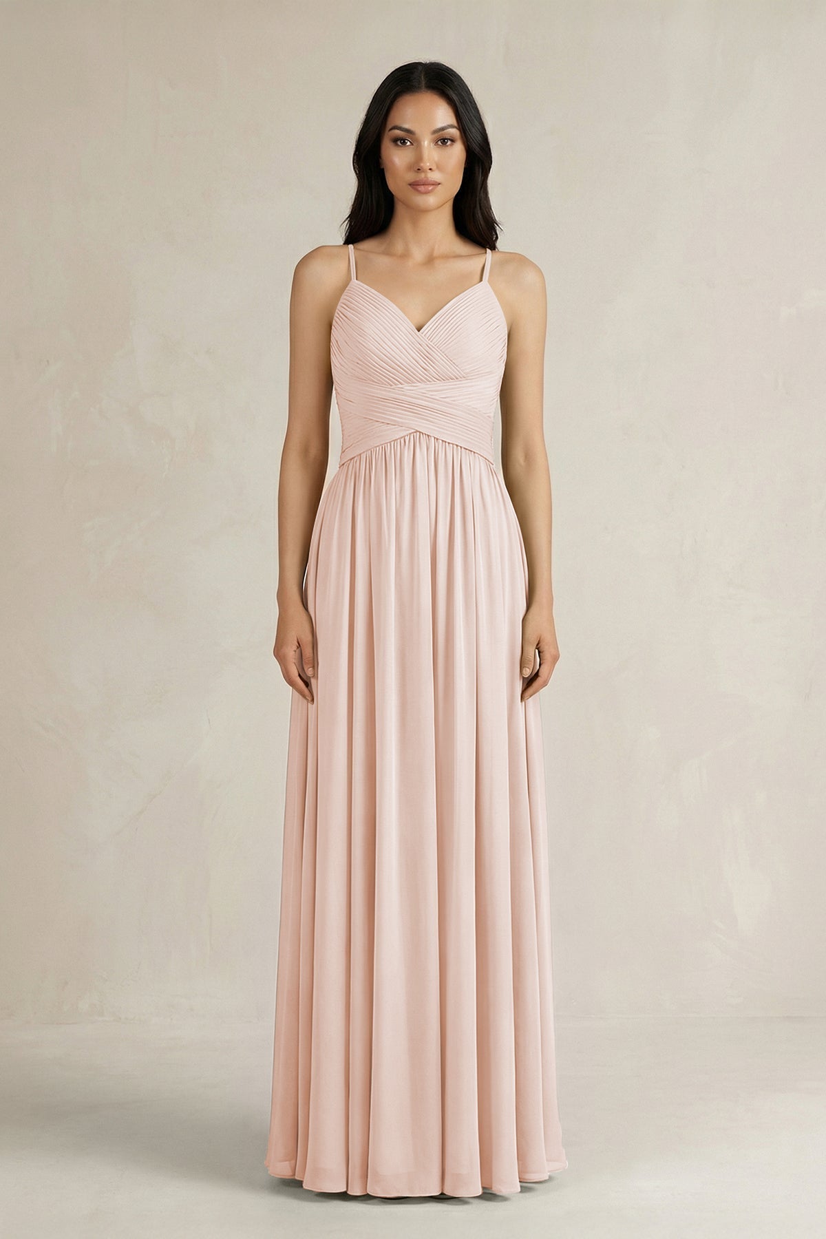 A-Line Pleated Spaghetti Strap Chiffon Bridesmaid Dress in Pale Blush