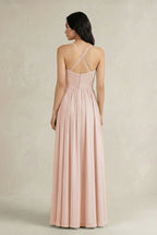 A-Line Pleated Spaghetti Strap Chiffon Bridesmaid Dress in Pale Blush