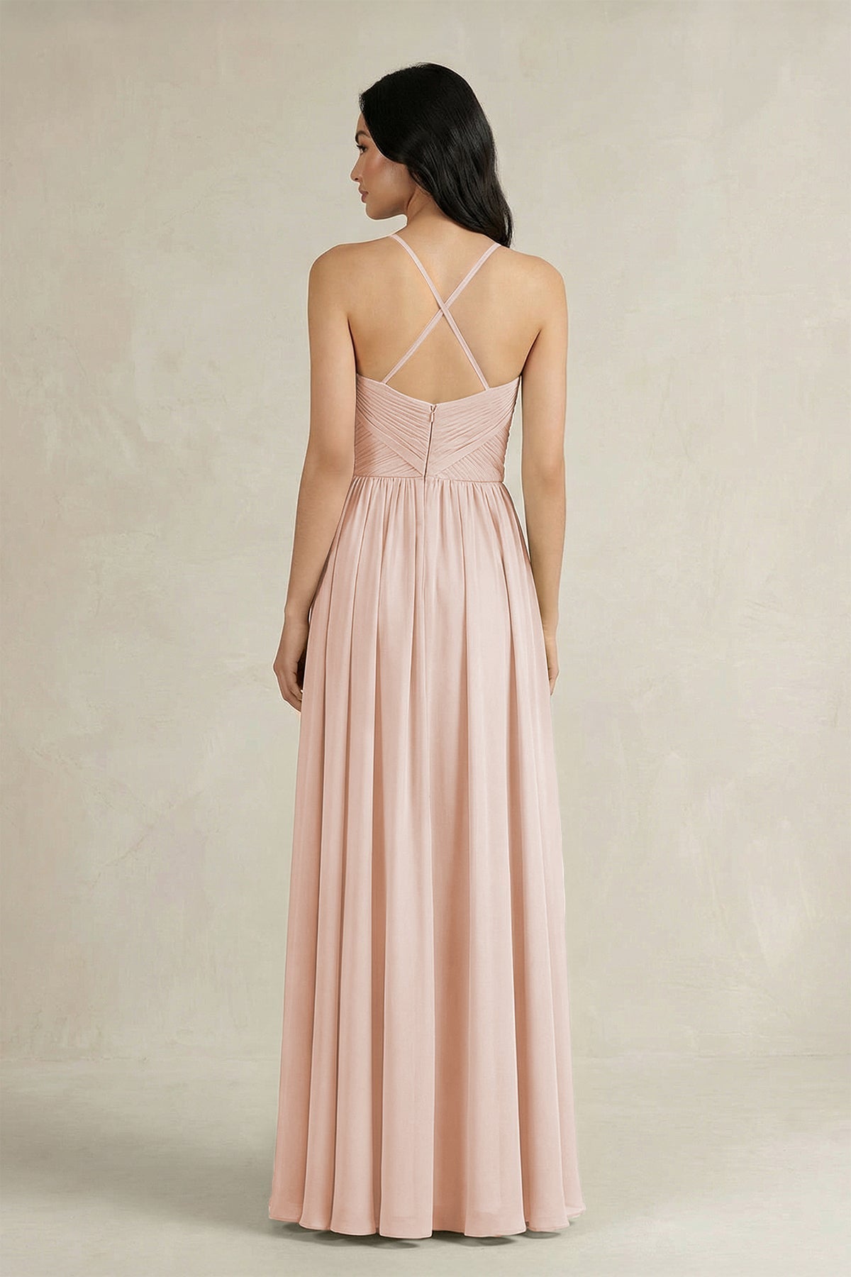 A-Line Pleated Spaghetti Strap Chiffon Bridesmaid Dress in Pale Blush