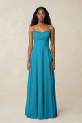 A-Line Ruched Chiffon Spaghetti Strap Bridesmaid Dress in Blue Jay