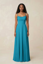 A-Line Ruched Chiffon Spaghetti Strap Bridesmaid Dress in Blue Jay