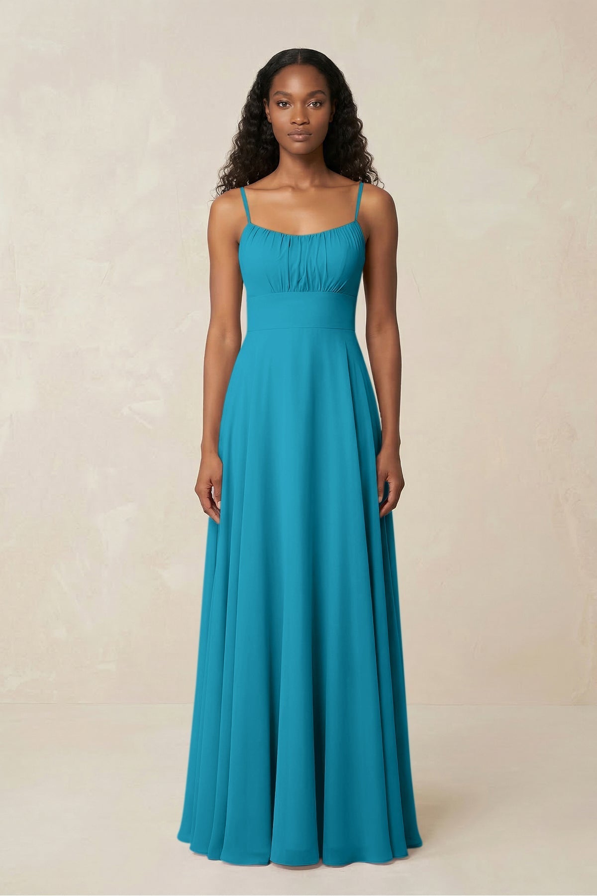 A-Line Ruched Chiffon Spaghetti Strap Bridesmaid Dress in Blue Jay