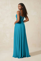 A-Line Ruched Chiffon Spaghetti Strap Bridesmaid Dress in Blue Jay