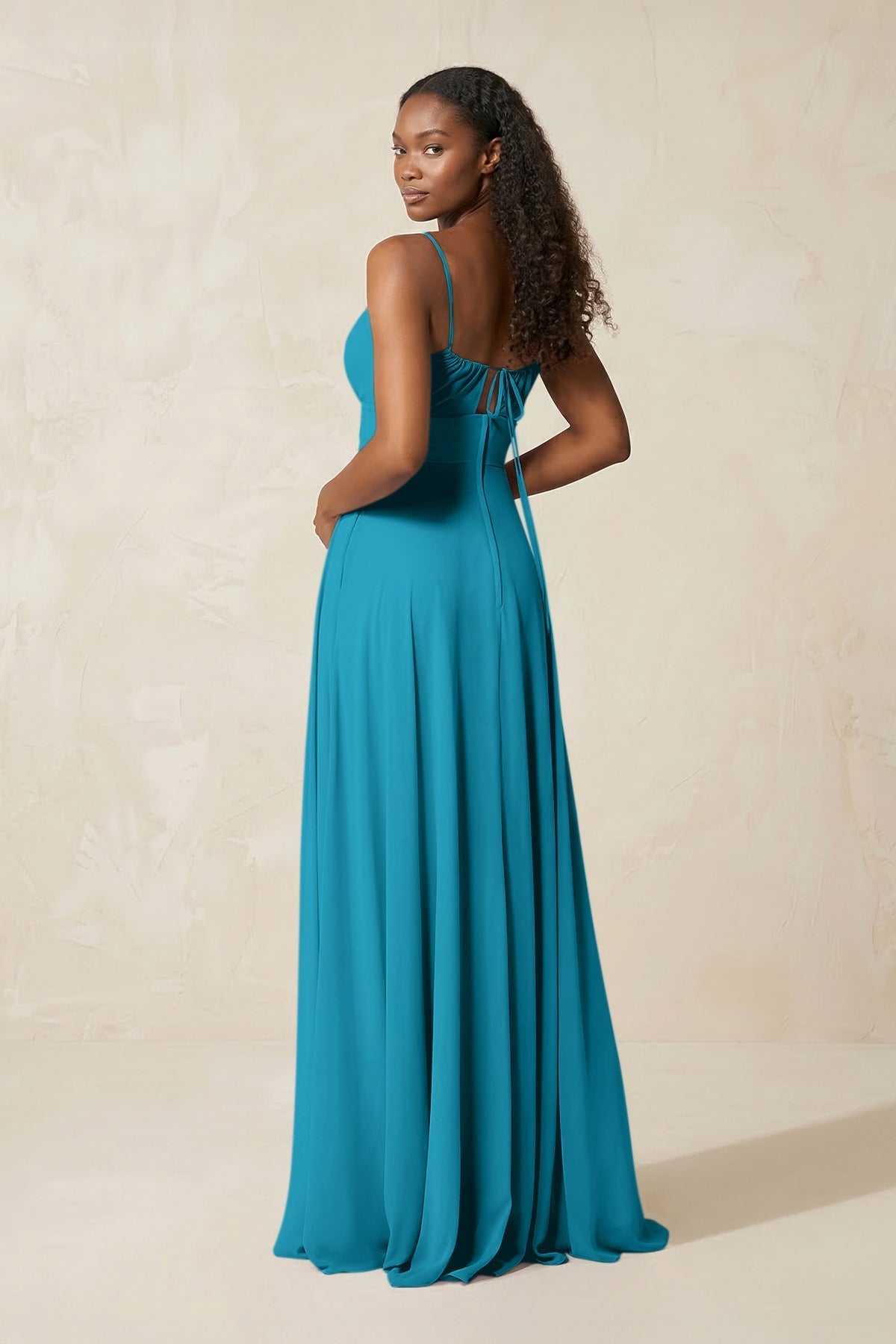A-Line Ruched Chiffon Spaghetti Strap Bridesmaid Dress in Blue Jay