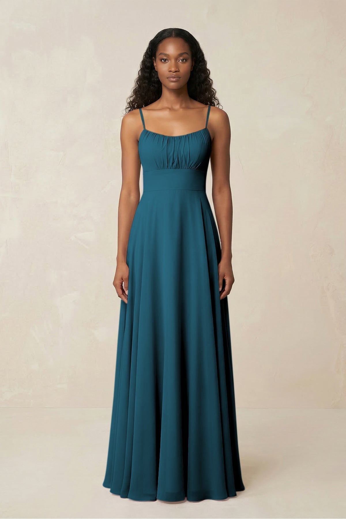 A-Line Ruched Chiffon Spaghetti Strap Bridesmaid Dress in Dark Teal