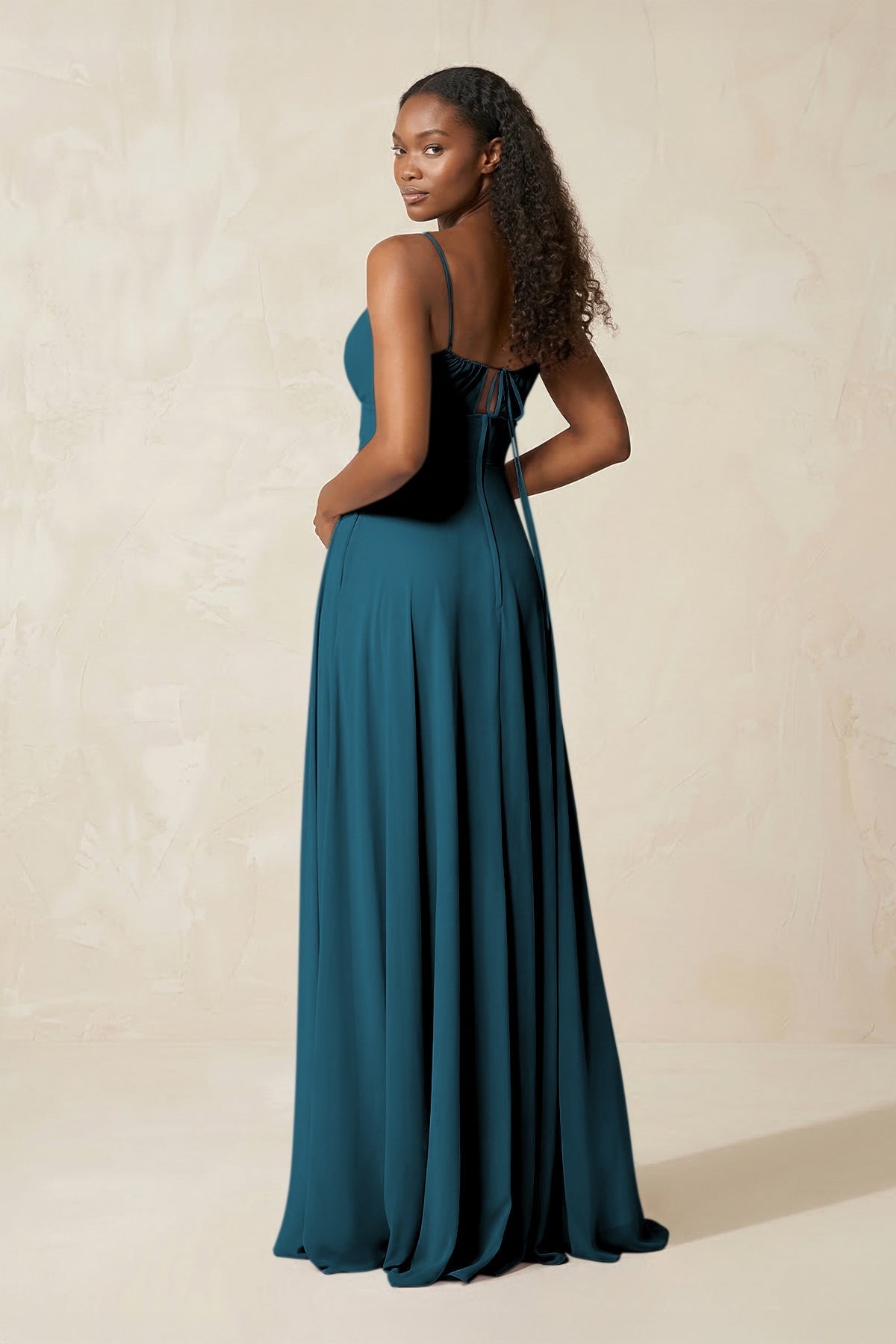 A-Line Ruched Chiffon Spaghetti Strap Bridesmaid Dress in Dark Teal