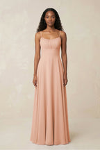 A-Line Ruched Chiffon Spaghetti Strap Bridesmaid Dress in English Rose