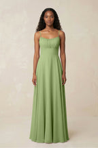 A-Line Ruched Chiffon Spaghetti Strap Bridesmaid Dress in Matcha