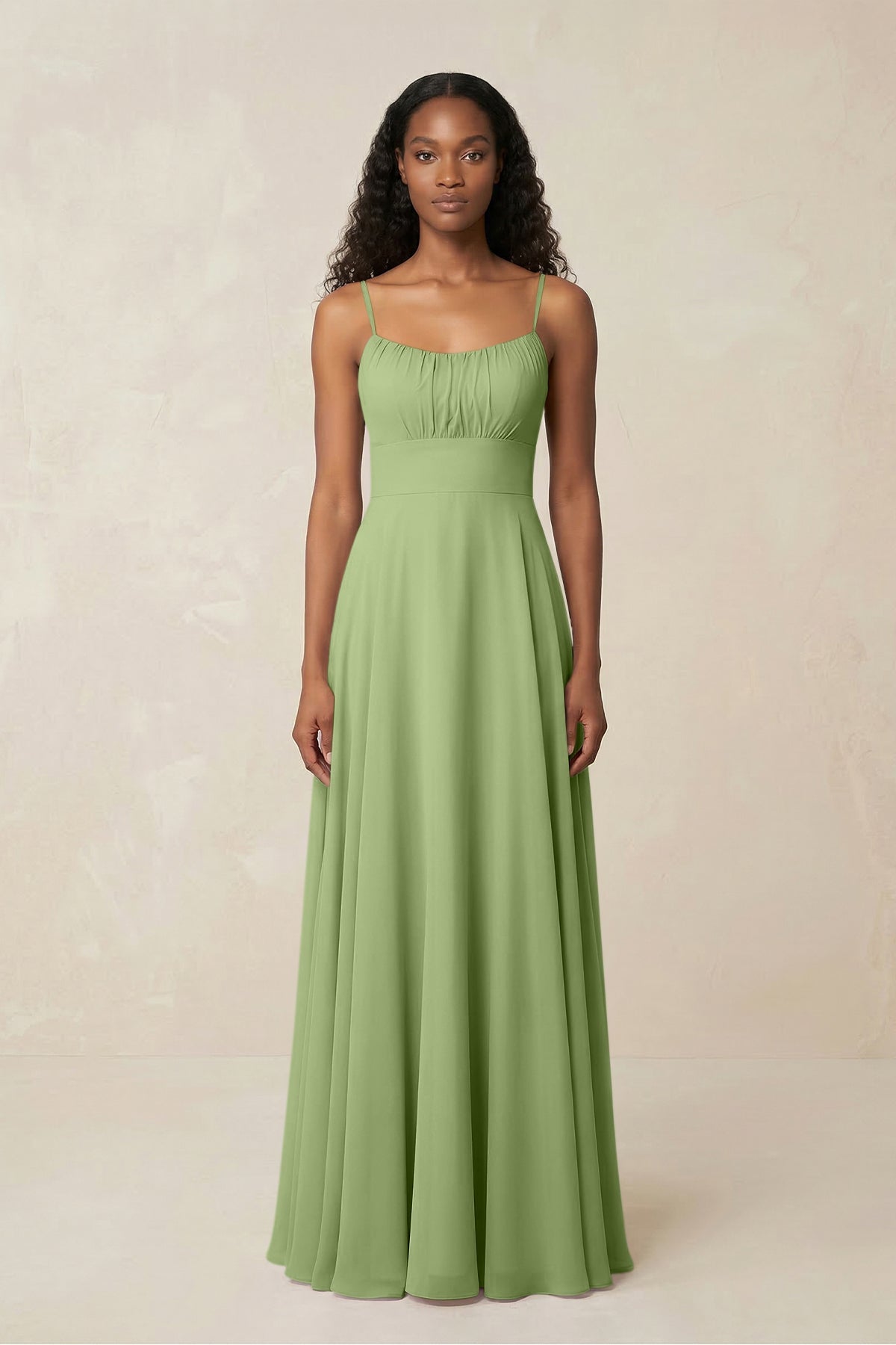 A-Line Ruched Chiffon Spaghetti Strap Bridesmaid Dress in Matcha