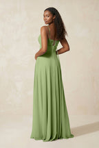 A-Line Ruched Chiffon Spaghetti Strap Bridesmaid Dress in Matcha