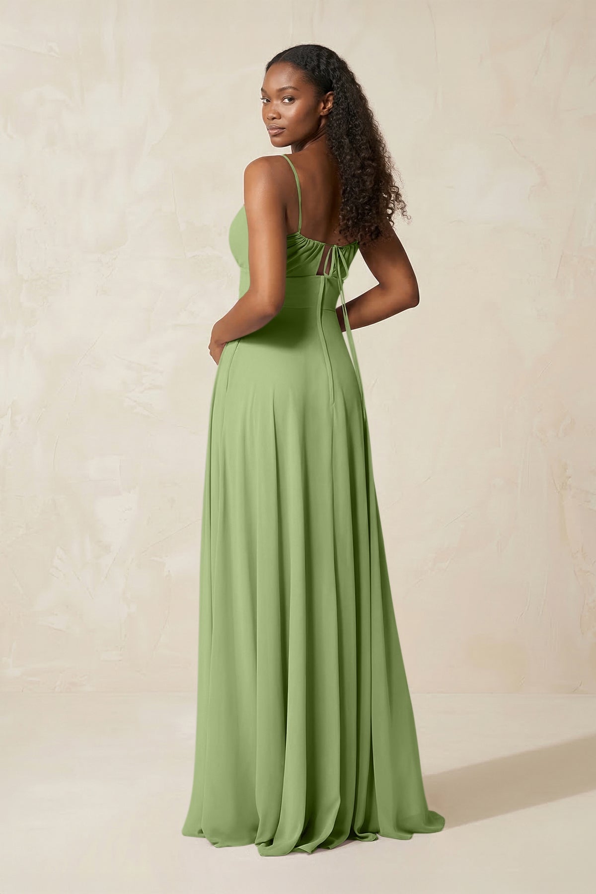 A-Line Ruched Chiffon Spaghetti Strap Bridesmaid Dress in Matcha