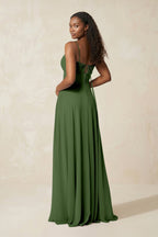 A-Line Ruched Chiffon Spaghetti Strap Bridesmaid Dress in Moss