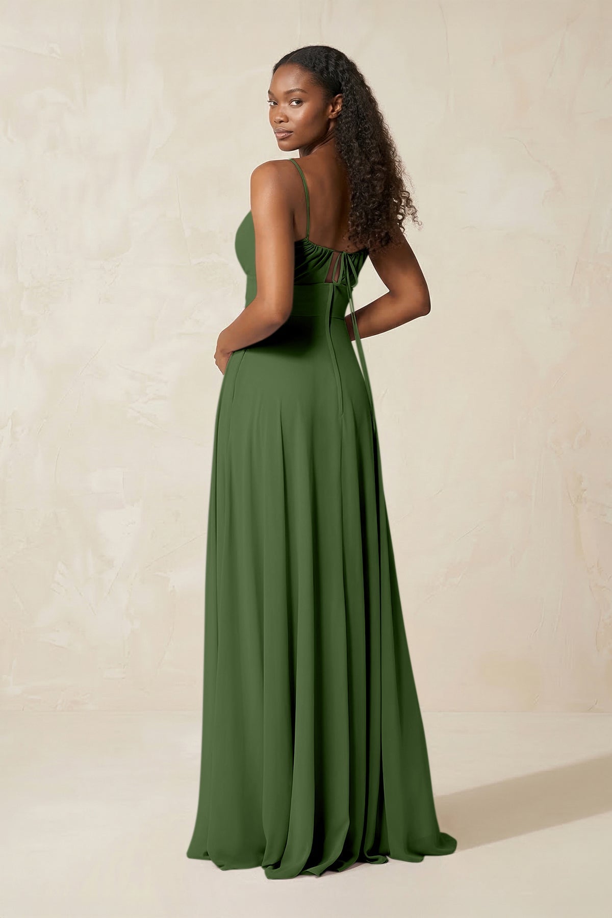 A-Line Ruched Chiffon Spaghetti Strap Bridesmaid Dress in Moss