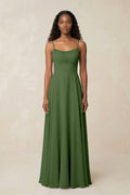 A-Line Ruched Chiffon Spaghetti Strap Bridesmaid Dress in Moss