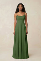 A-Line Ruched Chiffon Spaghetti Strap Bridesmaid Dress in Moss