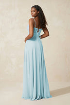 A-Line Ruched Chiffon Spaghetti Strap Bridesmaid Dress in Sky Blue