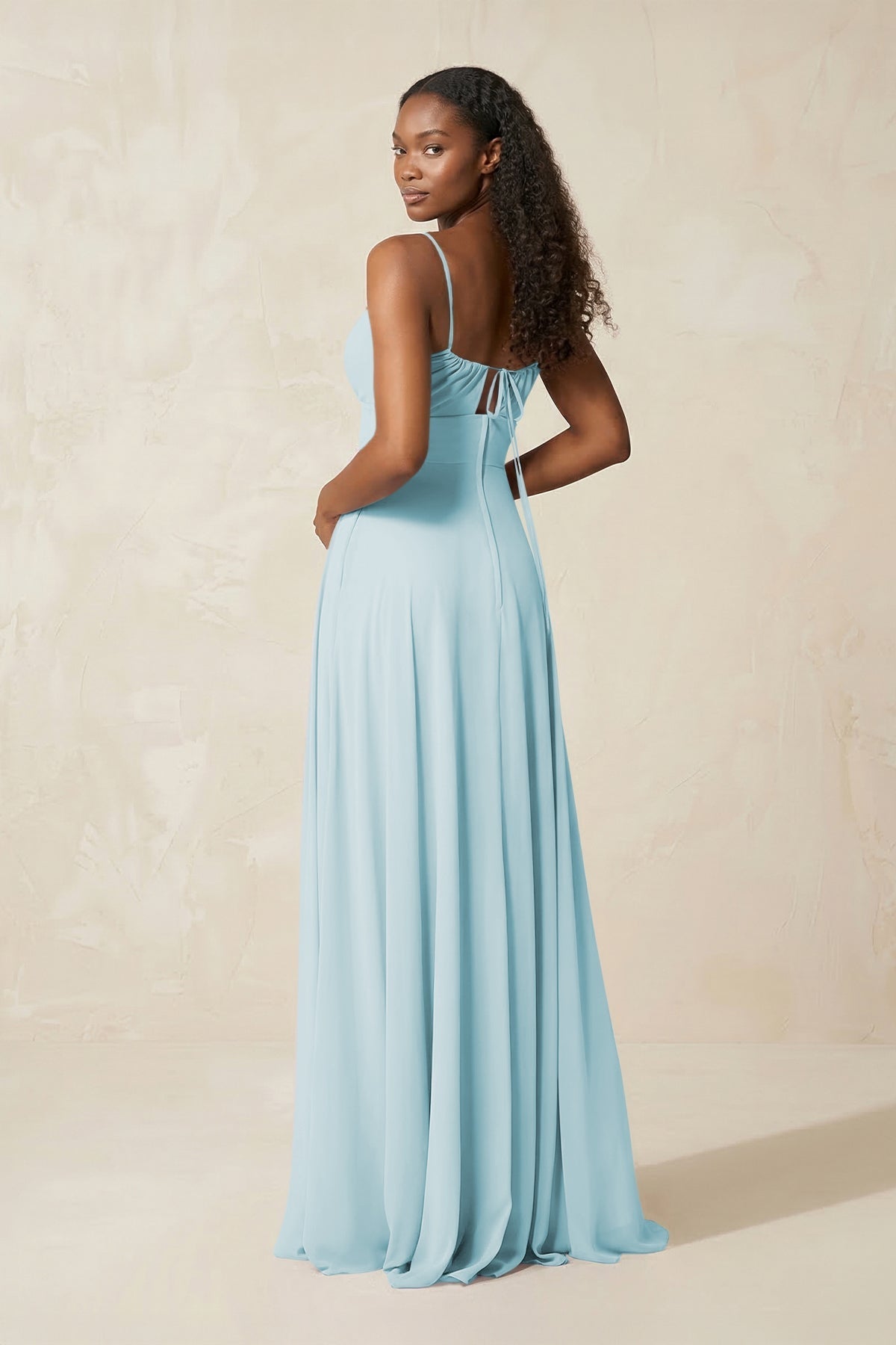 A-Line Ruched Chiffon Spaghetti Strap Bridesmaid Dress in Sky Blue