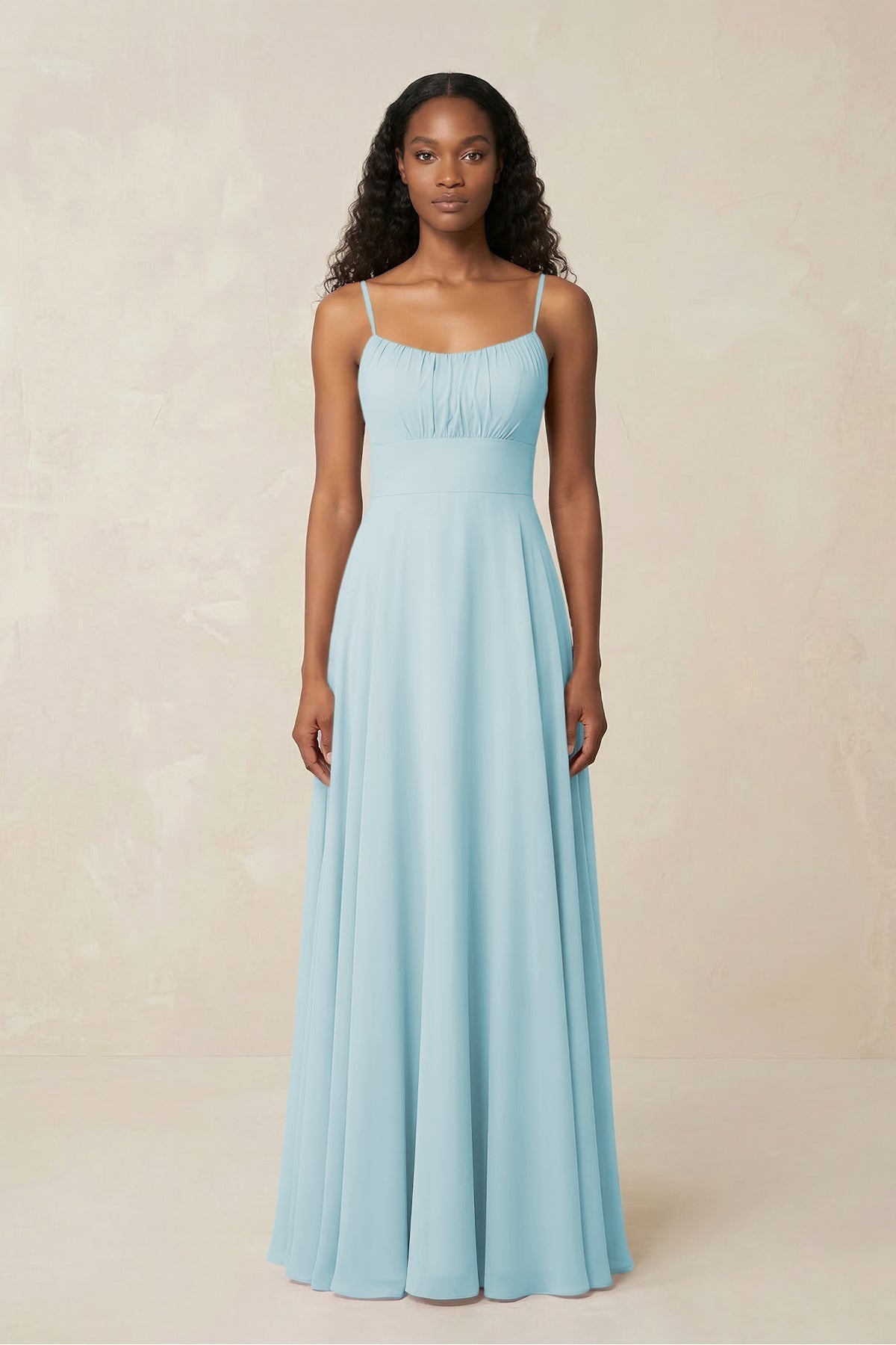 A-Line Ruched Chiffon Spaghetti Strap Bridesmaid Dress in Sky Blue