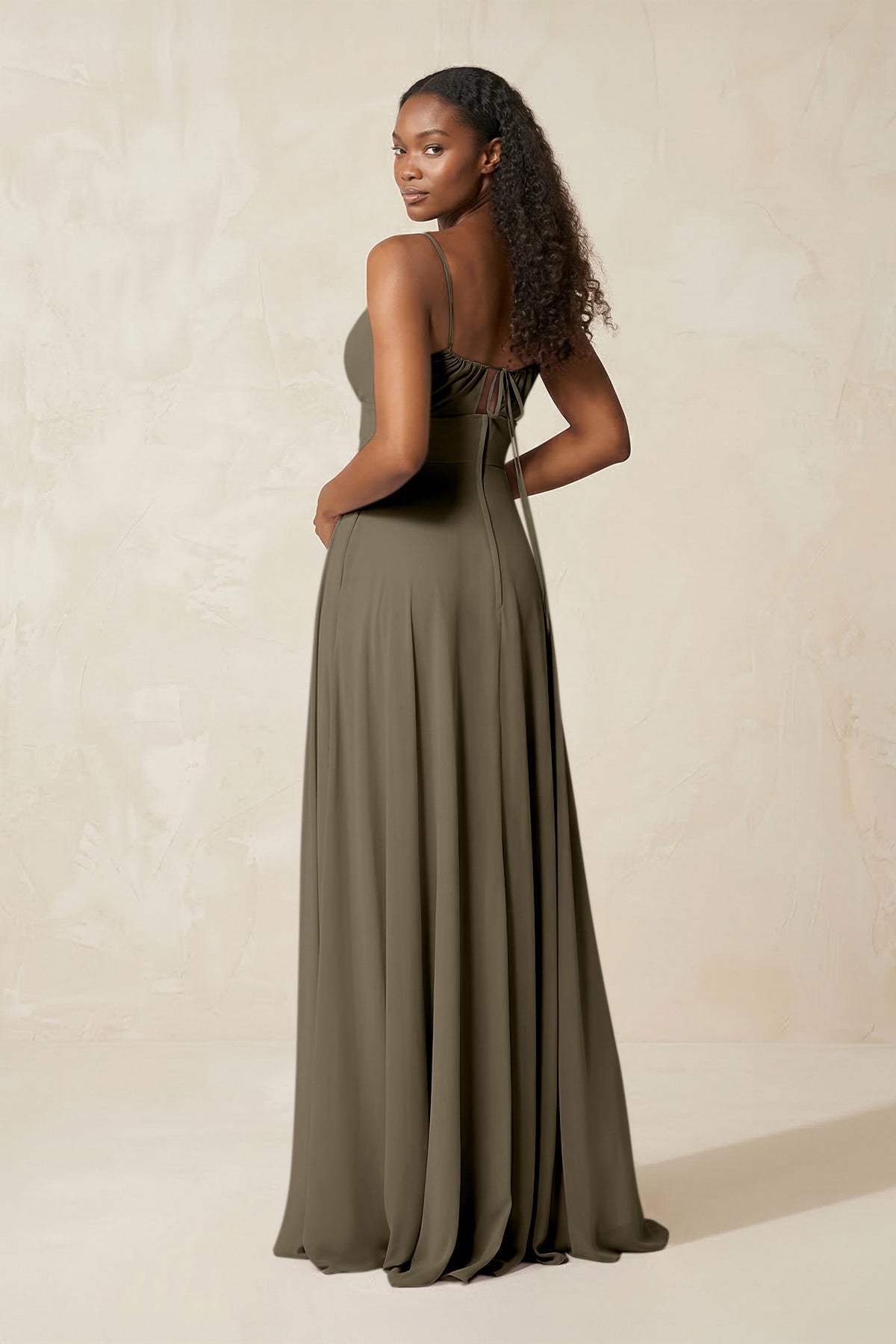 A-Line Ruched Chiffon Spaghetti Strap Bridesmaid Dress in Willow Green