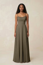 A-Line Ruched Chiffon Spaghetti Strap Bridesmaid Dress in Willow Green