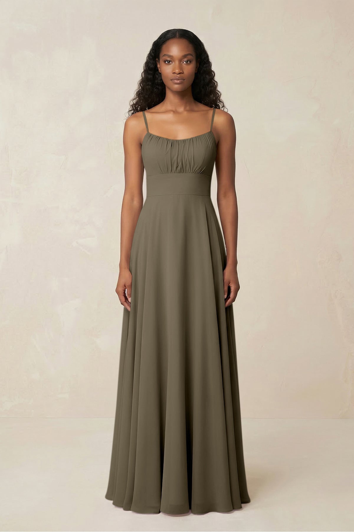 A-Line Ruched Chiffon Spaghetti Strap Bridesmaid Dress in Willow Green