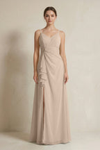 A-Line Ruffled Spaghetti Strap Chiffon Bridesmaid Dress in Almond