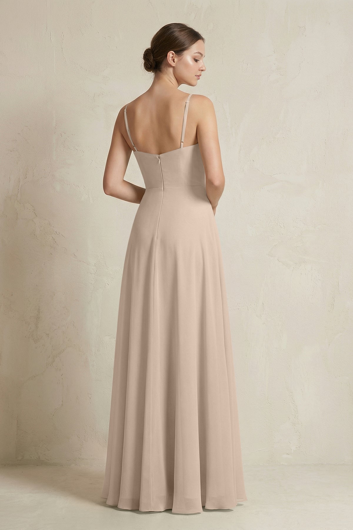 A-Line Ruffled Spaghetti Strap Chiffon Bridesmaid Dress in Almond