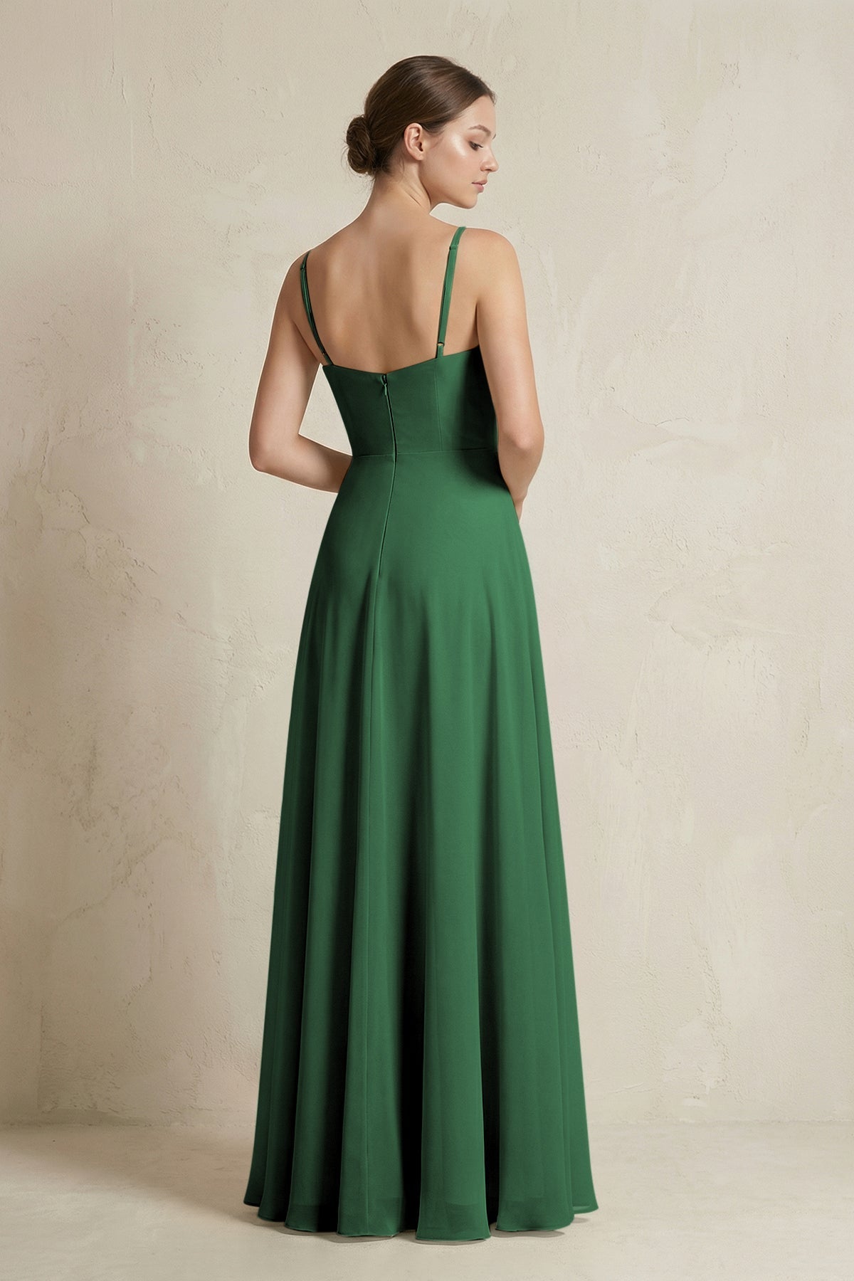 A-Line Ruffled Spaghetti Strap Chiffon Bridesmaid Dress in Dark Green